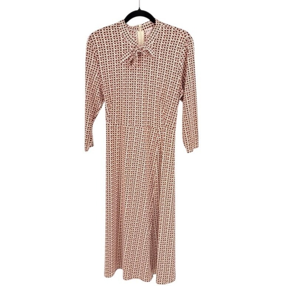 Philosophy New Tie Neck Geometric Midi Dress Terracotta Black L Flare Chic Offic